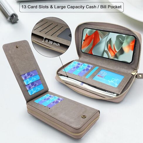 Lacass for Google Pixel 9 Pro XL 6.8 inch 2024 Wallet Case, Crossbody Dual Zipper Detachable Magnetic Leather Wallet Case Cover Wristlets Wrist Strap 13 Card Slots Money Pocket(Floral Cyan Green) in Saudi Arabia