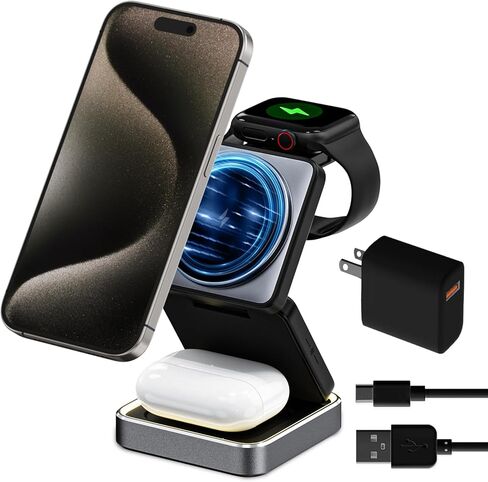 Portable Foldable 3-in-1 Magnetic Wireless Charging Station,Charging Stand,Compact 3 in 1 Charger for Travel,15W for iPhone 12-15 Series, 5W for Apple Watches,AirPods(Adapter Included)(Black) in Saudi Arabia