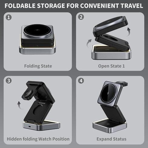 Portable Foldable 3-in-1 Magnetic Wireless Charging Station,Charging Stand,Compact 3 in 1 Charger for Travel,15W for iPhone 12-15 Series, 5W for Apple Watches,AirPods(Adapter Included)(Black) in Saudi Arabia
