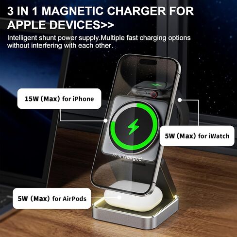 Portable Foldable 3-in-1 Magnetic Wireless Charging Station,Charging Stand,Compact 3 in 1 Charger for Travel,15W for iPhone 12-15 Series, 5W for Apple Watches,AirPods(Adapter Included)(Black) in Saudi Arabia