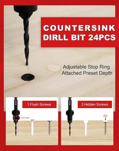 EZARC Countersink Drill Bit Set, 15 PCS Tapered Drill Bits Counter Sink Drill Bit with 2PCS Wood Plug Cutter 1/4" Hex Shank Quick Change for Woodworking with Storage Box in Saudi Arabia
