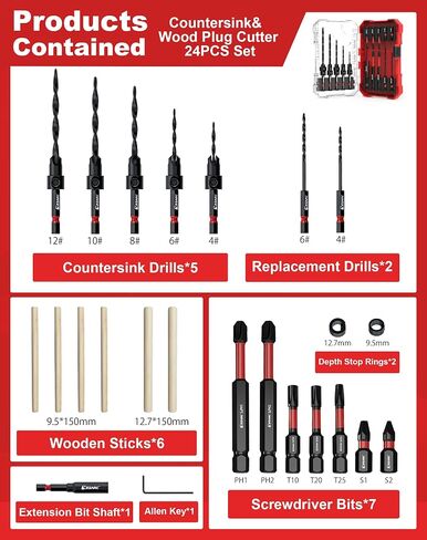 EZARC Countersink Drill Bit Set, 15 PCS Tapered Drill Bits Counter Sink Drill Bit with 2PCS Wood Plug Cutter 1/4" Hex Shank Quick Change for Woodworking with Storage Box in Saudi Arabia