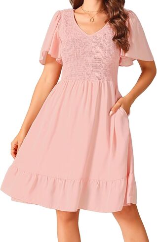 Women's Summer Chiffon Dresses Smocked V Neck Flutter Short Sleeve Flowy Casual Dress with Pockets in Kuwait