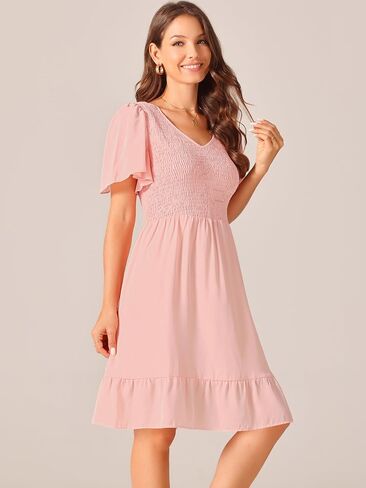 Women's Summer Chiffon Dresses Smocked V Neck Flutter Short Sleeve Flowy Casual Dress with Pockets in Kuwait