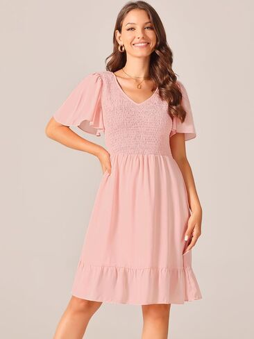 Women's Summer Chiffon Dresses Smocked V Neck Flutter Short Sleeve Flowy Casual Dress with Pockets in Kuwait