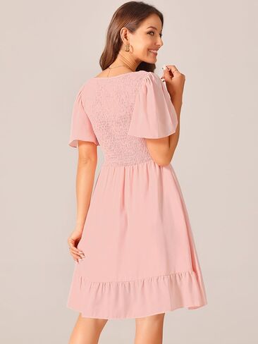Women's Summer Chiffon Dresses Smocked V Neck Flutter Short Sleeve Flowy Casual Dress with Pockets in Kuwait