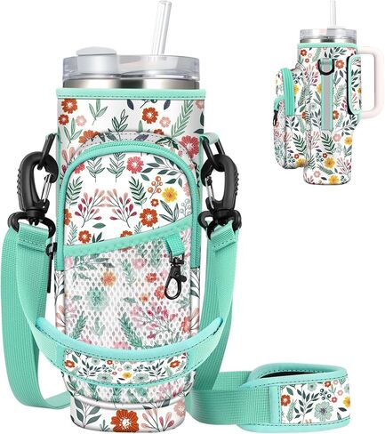 CaseBot Water Bottle Carrier Bag for Stanley 40oz Tumbler with Handle, Neoprene Water Bottle Holder with Adjustable Shoulder Hand Strap and 2 Pockets for Hiking Camping Travelling, Emerald Illusions in Kuwait