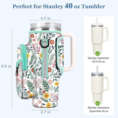 CaseBot Water Bottle Carrier Bag for Stanley 40oz Tumbler with Handle, Neoprene Water Bottle Holder with Adjustable Shoulder Hand Strap and 2 Pockets for Hiking Camping Travelling, Emerald Illusions in Kuwait