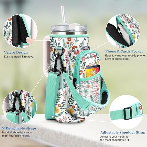 CaseBot Water Bottle Carrier Bag for Stanley 40oz Tumbler with Handle, Neoprene Water Bottle Holder with Adjustable Shoulder Hand Strap and 2 Pockets for Hiking Camping Travelling, Emerald Illusions in Kuwait