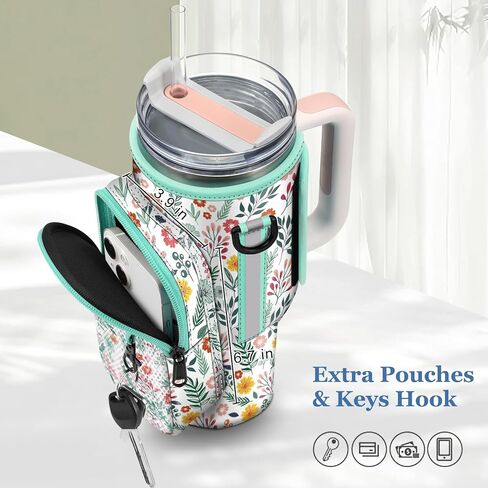 CaseBot Water Bottle Carrier Bag for Stanley 40oz Tumbler with Handle, Neoprene Water Bottle Holder with Adjustable Shoulder Hand Strap and 2 Pockets for Hiking Camping Travelling, Emerald Illusions in Kuwait