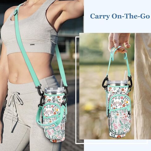 CaseBot Water Bottle Carrier Bag for Stanley 40oz Tumbler with Handle, Neoprene Water Bottle Holder with Adjustable Shoulder Hand Strap and 2 Pockets for Hiking Camping Travelling, Emerald Illusions in Kuwait
