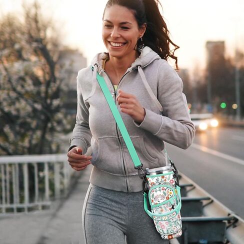 CaseBot Water Bottle Carrier Bag for Stanley 40oz Tumbler with Handle, Neoprene Water Bottle Holder with Adjustable Shoulder Hand Strap and 2 Pockets for Hiking Camping Travelling, Emerald Illusions in Kuwait