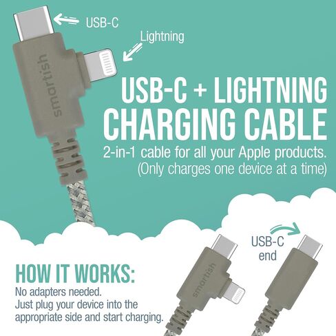 Smartish 2 in 1 USB C to USB C/Lightning Cable - Crown Joule - 6 Ft Fabric Wrapped Fast Charging Cord - for iPhone, Galaxy, Pixel - 100W Dual Fast Charger for Phones/Laptops - Lightly Toasted Beige in Kuwait