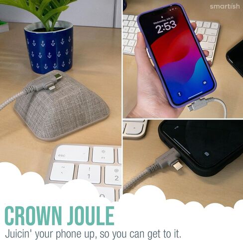 Smartish 2 in 1 USB C to USB C/Lightning Cable - Crown Joule - 6 Ft Fabric Wrapped Fast Charging Cord - for iPhone, Galaxy, Pixel - 100W Dual Fast Charger for Phones/Laptops - Lightly Toasted Beige in Kuwait