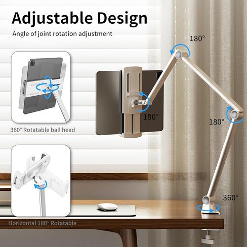 حامل كمبيوتر لوحي من LULULOOK للمكتب، حامل هاتف بذراع قابل للتمدد من سبائك الألومنيوم، حامل iPad قابل للتعديل متوافق مع 4.7-13 بوصة iPad Pro 12.9/Air 13 بوصة، Galaxy Tabs، iPhone 16 Pro، Kindle، الكمبيوتر اللوحي (مشبكين) in Kuwait