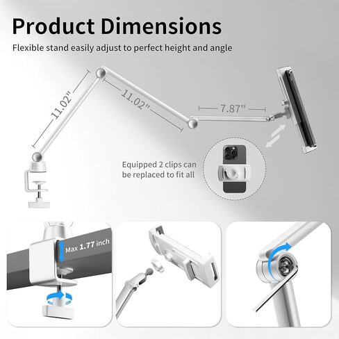 حامل كمبيوتر لوحي من LULULOOK للمكتب، حامل هاتف بذراع قابل للتمدد من سبائك الألومنيوم، حامل iPad قابل للتعديل متوافق مع 4.7-13 بوصة iPad Pro 12.9/Air 13 بوصة، Galaxy Tabs، iPhone 16 Pro، Kindle، الكمبيوتر اللوحي (مشبكين) in Kuwait
