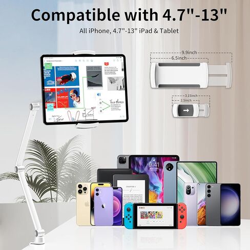 حامل كمبيوتر لوحي من LULULOOK للمكتب، حامل هاتف بذراع قابل للتمدد من سبائك الألومنيوم، حامل iPad قابل للتعديل متوافق مع 4.7-13 بوصة iPad Pro 12.9/Air 13 بوصة، Galaxy Tabs، iPhone 16 Pro، Kindle، الكمبيوتر اللوحي (مشبكين) in Kuwait