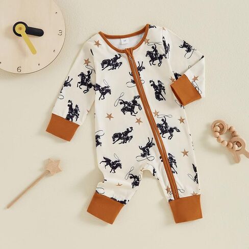 Baby Romper Newborn Clothes Long Sleeve Western Cow Print Zipper Jumpsuit Fall Winter Toddler Infant Bodysuit in Kuwait