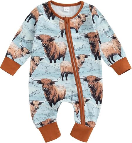 Baby Romper Newborn Clothes Long Sleeve Western Cow Print Zipper Jumpsuit Fall Winter Toddler Infant Bodysuit in Kuwait