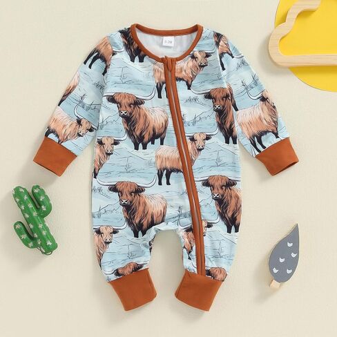 Baby Romper Newborn Clothes Long Sleeve Western Cow Print Zipper Jumpsuit Fall Winter Toddler Infant Bodysuit in Kuwait