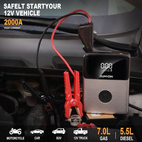 Jump Starter with Compressor Portable Battery Booster Pack 150PSI Auto Tire Inflator,12V 2000A Peak Starter with Safety Jumper Clamps,Jump Box Power Bank with Dual USB Charge,Bright LED Light in Saudi Arabia