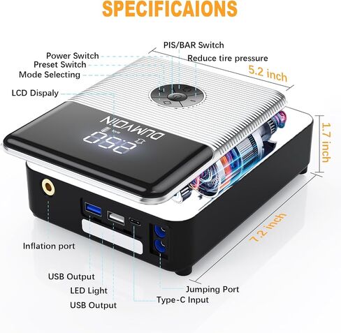 Jump Starter with Compressor Portable Battery Booster Pack 150PSI Auto Tire Inflator,12V 2000A Peak Starter with Safety Jumper Clamps,Jump Box Power Bank with Dual USB Charge,Bright LED Light in Saudi Arabia