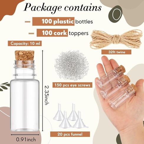 50 Packs 10ml Mini Plastic Bottles with Corks Stoppers Eye Screws Funnels Small Potion Bottles Tiny Clear Sand Art Bottles Wishing Vial for Birthday Wedding Party DIY Crafts Decoration Gift in Saudi Arabia