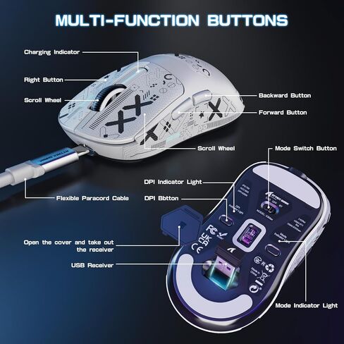 ATTACK SHARK X3MAX Wireless Gaming Mouse,PixArt PAW3950 Gaming Sensor,Up to 42K DPI,100 Million Micro,49g Lightweight Tri-Mode(BT5.2/2.4Ghz/Wired) Mice with Coiled Cable-White&Tape in Kuwait