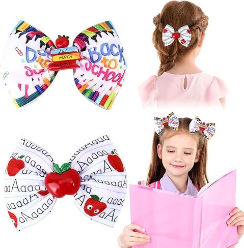 2Pcs School Bow Hair Clips for Girls 3D Apple Book Hair Accessories Letter Pen Bow Hairpins Litter Girls Alligator Hair Barrettes for Back to School Students Toddlers Kids Outfit in Saudi Arabia