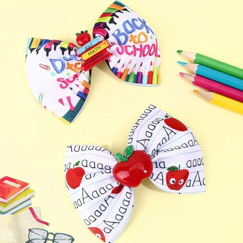 2Pcs School Bow Hair Clips for Girls 3D Apple Book Hair Accessories Letter Pen Bow Hairpins Litter Girls Alligator Hair Barrettes for Back to School Students Toddlers Kids Outfit in Saudi Arabia