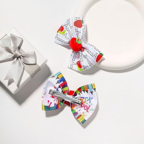 2Pcs School Bow Hair Clips for Girls 3D Apple Book Hair Accessories Letter Pen Bow Hairpins Litter Girls Alligator Hair Barrettes for Back to School Students Toddlers Kids Outfit in Saudi Arabia