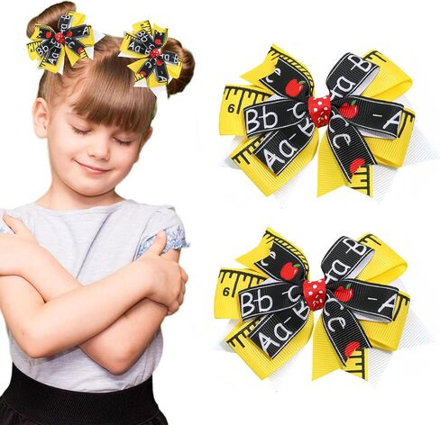 2Pcs School Bow Hair Clips for Girls 3D Apple Book Hair Accessories Letter Pen Bow Hairpins Litter Girls Alligator Hair Barrettes for Back to School Students Toddlers Kids Outfit in Saudi Arabia