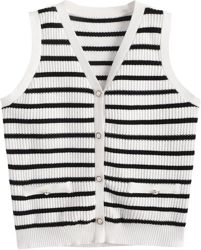 Verdusa Women's Sweater Vest Old Money Trendy Tops Striped Print Button Front Sleeveless Knit Sweaters in Saudi Arabia