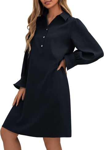 FENSACE Womens Casual Shirt Dress Ruffle Sleeve Solid Color Button Down Shift Summer Dress with Pockets in Saudi Arabia