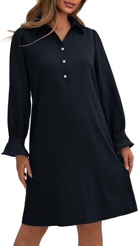 FENSACE Womens Casual Shirt Dress Ruffle Sleeve Solid Color Button Down Shift Summer Dress with Pockets in Saudi Arabia