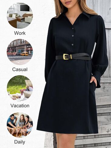 FENSACE Womens Casual Shirt Dress Ruffle Sleeve Solid Color Button Down Shift Summer Dress with Pockets in Saudi Arabia
