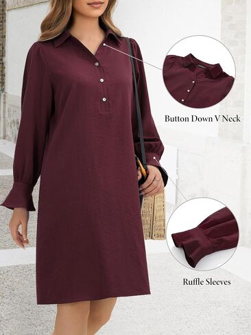 FENSACE Womens Casual Shirt Dress Ruffle Sleeve Solid Color Button Down Shift Summer Dress with Pockets in Saudi Arabia