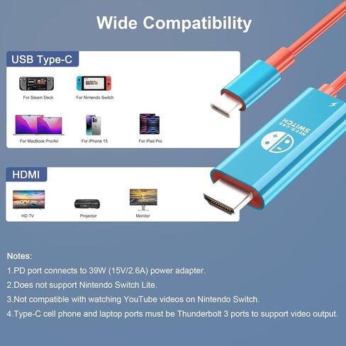 كابل USB C إلى HDMI محمول من Gmeaou متوافق مع Nintendo Switch، Steam Deck، Legion Go، MSI Claw، ROG Alloy، محطة إرساء للتلفزيون 4K@30HZ، ملحقات محول Nintendo Switch مع PD Charge in Saudi Arabia
