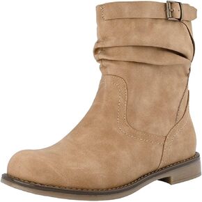 Shoe'N Tale Women's Mid Calf Boots Slouchy Round Toe Flat Low Heel Riding Boots With Side Zipper in Saudi Arabia