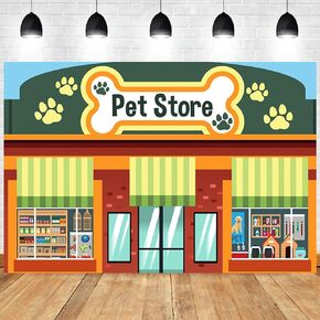 8x6ft Pet Shop Backdrop Cute Pet Supplies Cartoon Storefront Photography Background Dog Paw Print Bone Decorations Room Wall Hanging Photo Booth Video Studio Props