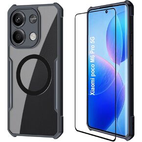 Case for Poco X6 Pro 5G, Ultra-Thin Minimalist Soft TPU Bumper + Transparent Acrylic Back Case, Camera Protector Case + 1 Tempered Glass – Black