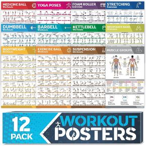[21-PACK] Laminated Large Workout Poster Set - Perfect Workout Posters for Home Gym - Exercise Charts Incl. Dumbbell, Yoga Poses, Resistance Band, Kettlebell, Stretching & More Fitness Gym Posters