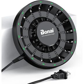 BONAI Smart AA AAA Battery Charger 16 Bay with AC High-Speed Plug Cable and LED Light Detection Function, Independent Slot