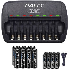 Rechargeable AA and AAA Batteries with Charger,8 Pack aa 3000mAh with 8 Pack AAA 1100mAh Low Self Discharge Ni-MH Batteries with Smart 8 Bay Independent Fast Battery Charger (AA+AAA)