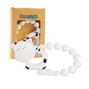 Baby Food Grade Silicone Teether Toy with One Piece Design Pacifier Clip Holder,Teething Pain Relief Toys Gift Set for 3 Months+ Boys and Girls,Freezer Safe,BPA Free. (Cacuts)