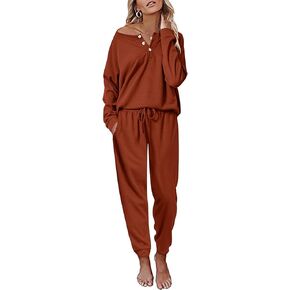 Andeip Womens Pajama Set Waffle Knit Lounge Set 2 Piece Long Sleeve Top and Pants Loungewear Pj Sets