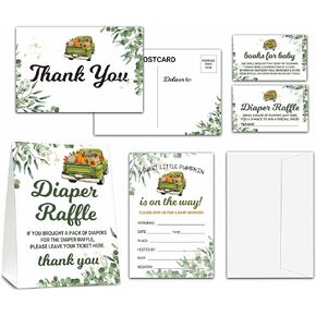 مجموعة دعوات استحمام الطفل لعيد الشكر في الخريف - ديكورات استحمام الطفل الخضراء - شاحنة اليقطين 1 لافتة يانصيب للحفاضات و25 تذكرة يانصيب للحفاضات، 25 بطاقة طلب كتاب، 25 بطاقة بريدية شكرًا لك، 25 دعوة مملوءة بالأظرف (03) in Kuwait