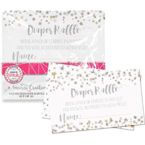 Amanda Creation Gold & Silver Twinkle Little Star Gender Neutral Diaper Raffle Tickets for Baby Showers, 20 2" X 3" Double Sided Inserts, Bring a Pack of Diapers to Win Favors & Prize