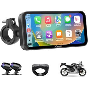 Carpuride W603D Motorcycle GPS Carplay Screen, Wireless CarPlay & Android Auto for Moto, with HD 1080P Dual Cameras, Remote Control，6.3" Waterproof Touchscreen, BT Trans, Loop Recording, Navigation