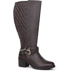 Women's Extra Wide Calf Block Heel Chic Chain Buckle Motorcycle Knee High Boots